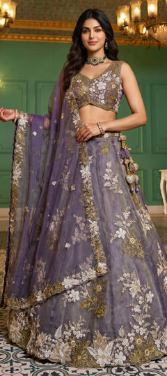 Purple and Violet color Lehenga in Tissue fabric with Bugle Beads, Embroidered, Sequence work