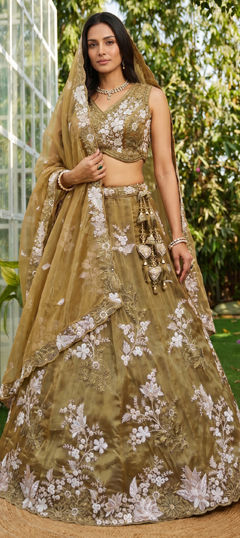 Yellow color Lehenga in Tissue fabric with Bugle Beads, Embroidered, Sequence work