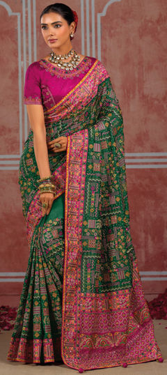 Green color Saree in Silk fabric with Embroidered, Mirror, Sequence work