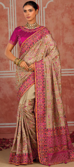 Beige and Brown color Saree in Silk fabric with Embroidered, Mirror, Sequence work