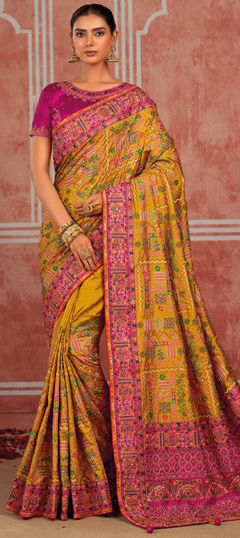 Yellow color Saree in Silk fabric with Embroidered, Mirror, Sequence work