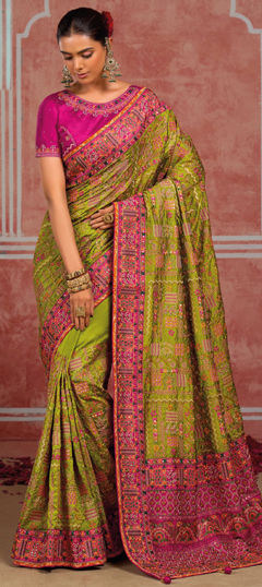 Green color Saree in Silk fabric with Embroidered, Mirror, Sequence work