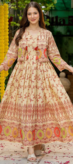 Beige and Brown, Red and Maroon color Dress in Cotton fabric with Printed, Sequence work
