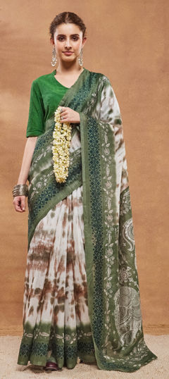 Green color Readymade Saree in Blended, Silk fabric with Printed work