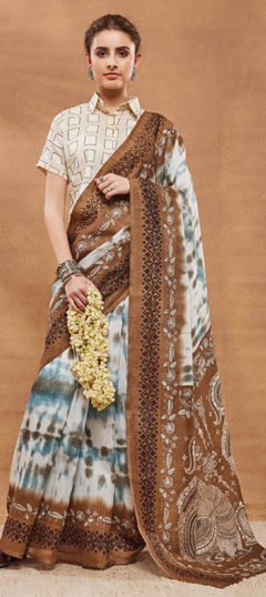 Beige and Brown color Readymade Saree in Blended, Silk fabric with Printed work