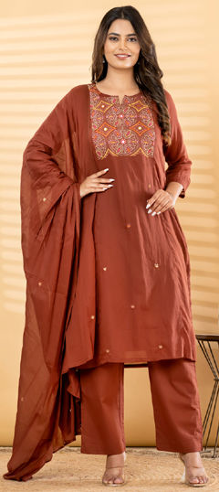 Beige and Brown color Salwar Kameez in Mul Cotton fabric with Bugle Beads, Embroidered, Mirror work