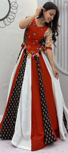 Multicolor color Long Lehenga Choli in Cotton fabric with Mirror, Printed work