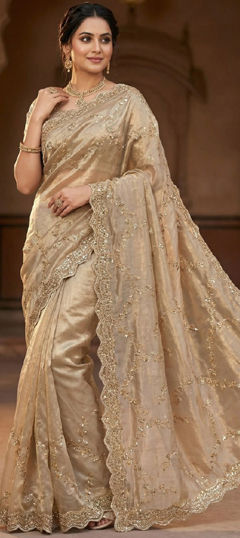 Beige and Brown color Saree in Silk fabric with Border, Bugle Beads work