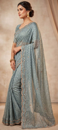 Black and Grey color Saree in Silk fabric with Border, Bugle Beads work