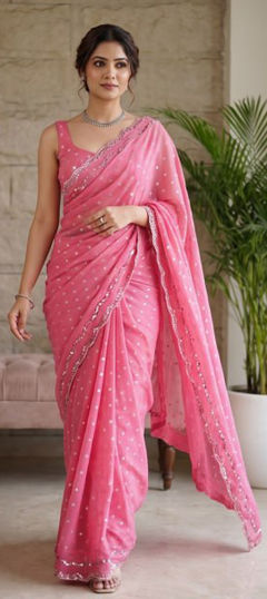 Pink and Majenta color Saree in Silk fabric with Border, Bugle Beads work