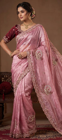 Pink and Majenta color Saree in Tissue fabric with Bugle Beads, Thread work
