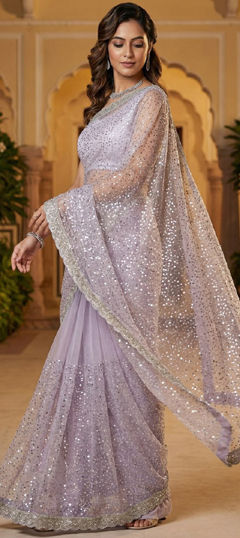 Purple and Violet color Saree in Net fabric with Border, Bugle Beads work