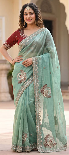 Green color Saree in Tissue fabric with Bugle Beads, Thread work