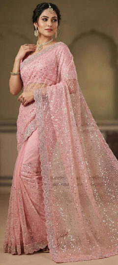 Pink and Majenta color Saree in Net fabric with Border, Bugle Beads work