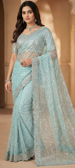 Green color Saree in Net fabric with Border, Bugle Beads work