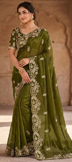 Green color Saree in Tissue fabric with Embroidered, Sequence work