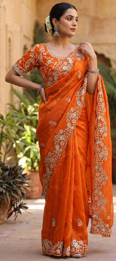 Orange color Saree in Tissue fabric with Embroidered, Sequence work