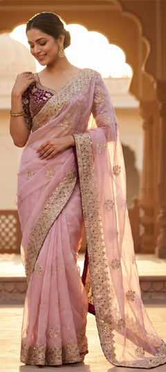 Pink and Majenta color Saree in Tissue fabric with Embroidered, Sequence work