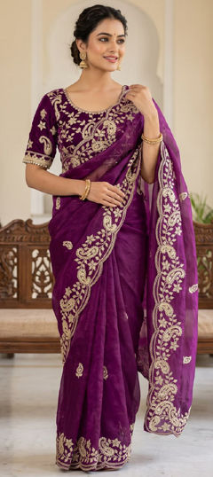 Purple and Violet color Saree in Tissue fabric with Embroidered, Sequence work