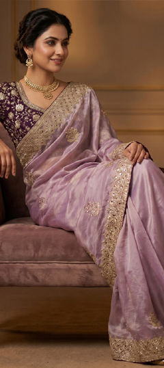 Purple and Violet color Saree in Tissue fabric with Embroidered, Sequence work