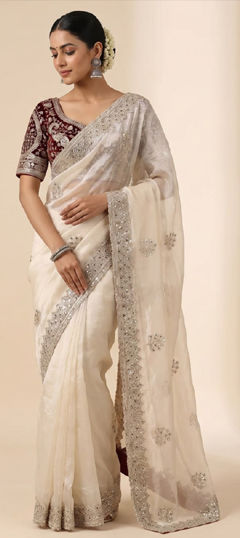 Beige and Brown color Saree in Tissue fabric with Embroidered, Sequence work