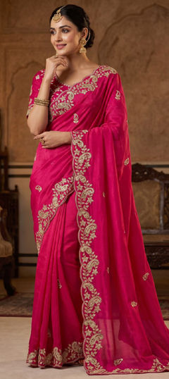 Pink and Majenta color Saree in Tissue fabric with Embroidered, Sequence work