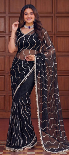 Black and Grey color Saree in Net fabric with Bugle Beads work