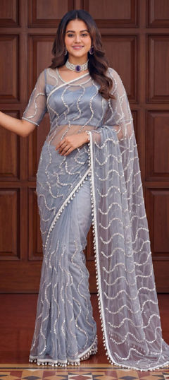 Purple and Violet color Saree in Net fabric with Bugle Beads work