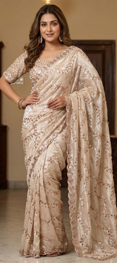Beige and Brown color Saree in Silk fabric with Border, Bugle Beads work