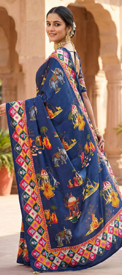 Blue color Saree in Chinon Silk fabric with Printed work