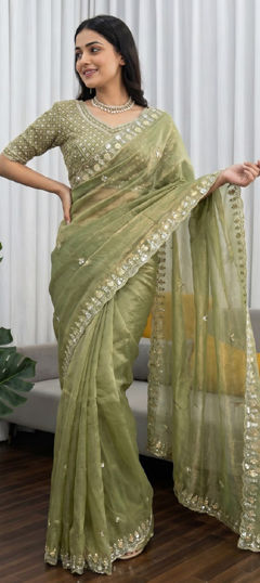 Green color Saree in Silk fabric with Bugle Beads work