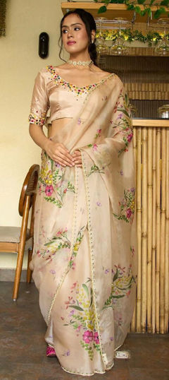 Beige and Brown color Saree in Silk fabric with Cut Dana, Floral, Sequence work