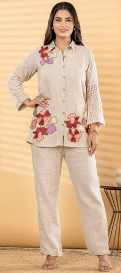 Beige and Brown color Co-ords Set in Cotton Flex fabric with Embroidered work