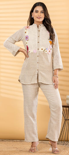 Beige and Brown color Co-ords Set in Cotton Flex fabric with Embroidered work
