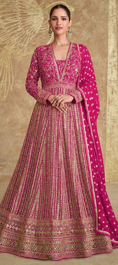 Pink and Majenta color Gown in Georgette fabric with Embroidered, Sequence, Zari work