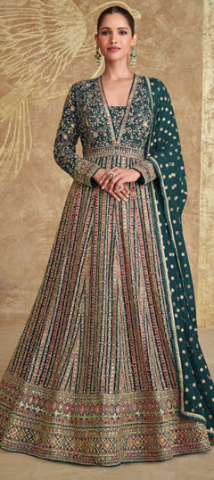 Green color Gown in Georgette fabric with Embroidered, Sequence, Zari work