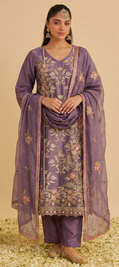 Purple and Violet color Salwar Kameez in Silk fabric with Embroidered, Sequence, Thread work