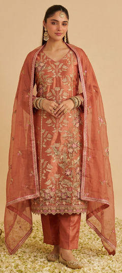 Beige and Brown color Salwar Kameez in Silk fabric with Embroidered, Sequence, Thread work