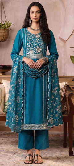 Blue color Salwar Kameez in Organza Silk fabric with Embroidered, Mirror, Sequence, Thread work