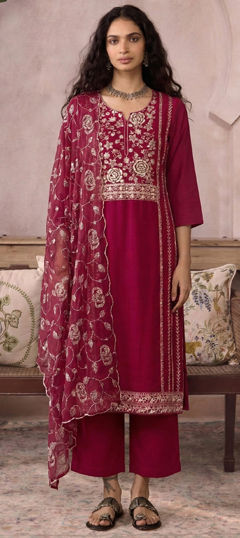 Pink and Majenta color Salwar Kameez in Organza Silk fabric with Embroidered, Mirror, Sequence, Thread work