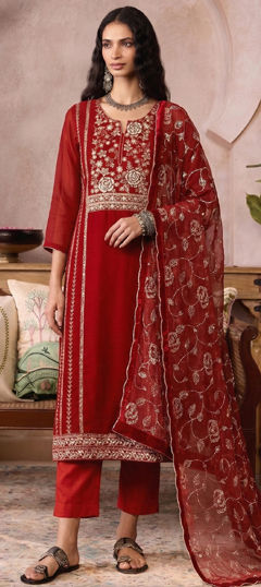 Red and Maroon color Salwar Kameez in Organza Silk fabric with Embroidered, Mirror, Sequence, Thread work