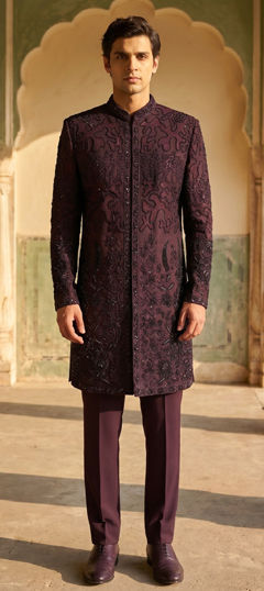 Red and Maroon color IndoWestern Dress in Viscose fabric with Embroidered, Sequence work