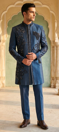 Blue color IndoWestern Dress in Viscose fabric with Embroidered, Sequence work