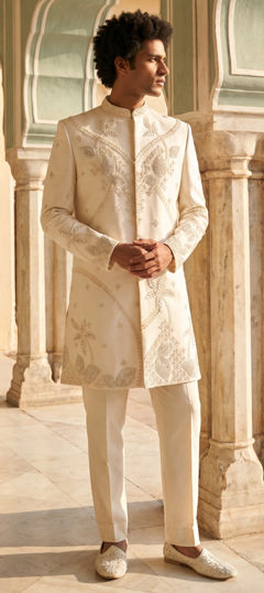 White and Off White color IndoWestern Dress in Viscose fabric with Embroidered, Sequence work