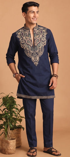 Blue color Kurta Pyjamas in Cotton fabric with Embroidered work