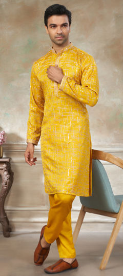 Yellow color Kurta Pyjamas in Blended, Silk fabric with Embroidered work