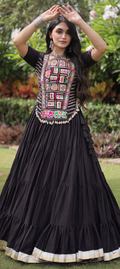 Black and Grey color Long Lehenga Choli in Cotton fabric with Embroidered, Mirror, Patch work