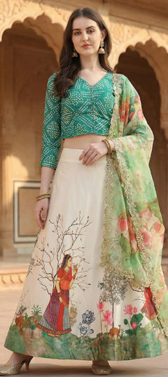 White and Off White color Lehenga in Satin Silk fabric with Digital Print, Floral work