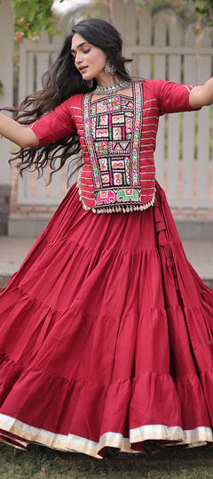 Red and Maroon color Long Lehenga Choli in Cotton fabric with Embroidered, Mirror, Patch work