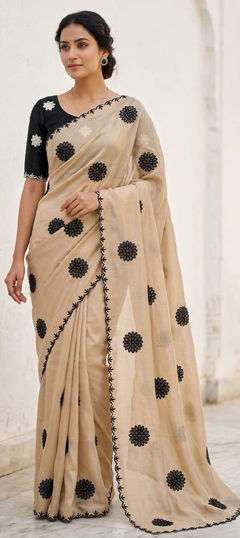 Beige and Brown color Saree in Georgette fabric with Printed work
